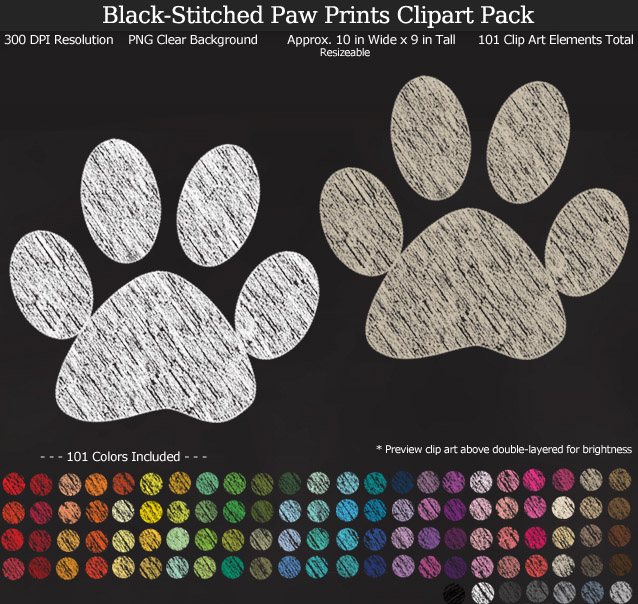 Rainbow Chalk Paw Print Clipart Pack - Clear Background PNG - Large 10 inches Wide x 9 inches Tall Resizeable - 101 Colors