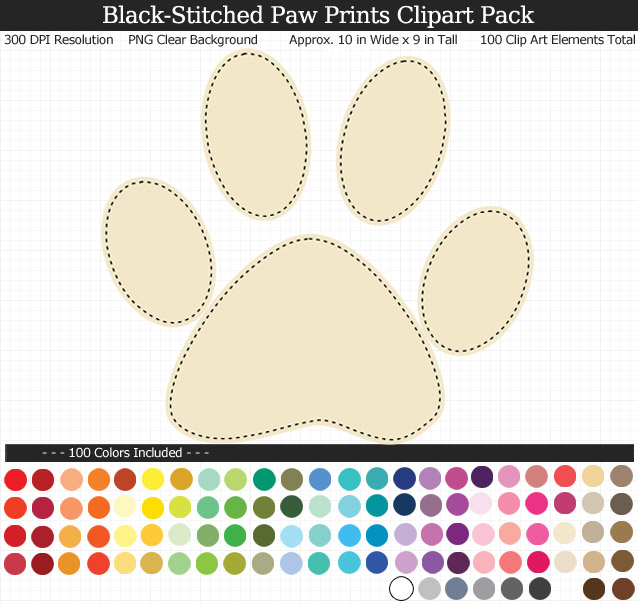 Rainbow Paw Print Clipart Pack - Clear Background PNG - Large 10 inches Wide x 9 inches Tall Resizeable - 100 Colors