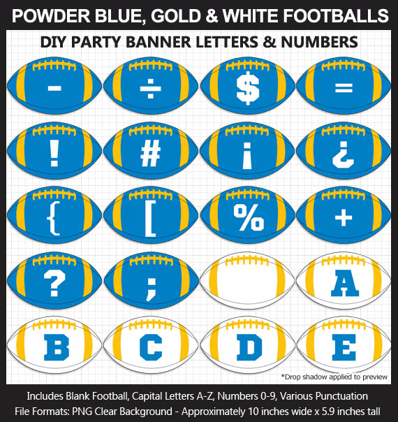 Love these fun Powder Blue, Gold, and White Football clipart for game day decoration - Letters, Numbers, Punctuation - Go Chargers!