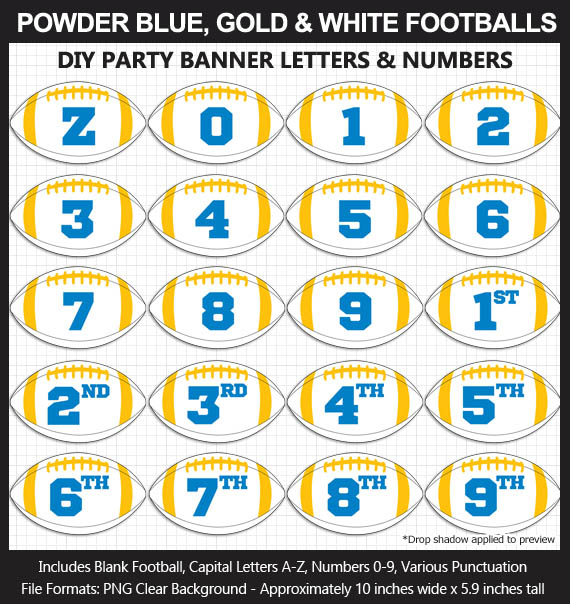 Love these fun Powder Blue, Gold, and White Football clipart for game day decoration - Letters, Numbers, Punctuation - Go Chargers!