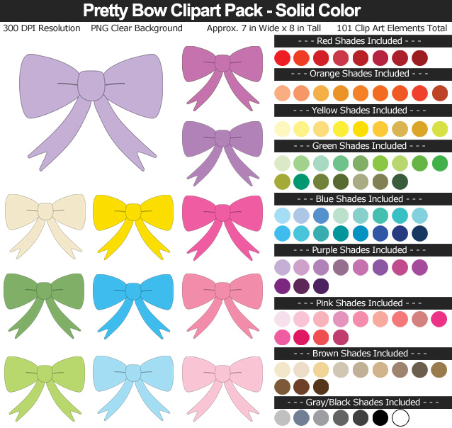 Rainbow Pretty Bow Clipart Pack - Clear Background PNG - Large 7 inches Wide x 10 inches Tall Resizeable - 101 Colors