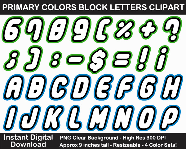 Love these fun block letters clip art in bold primary colors for birthday decorations, bulletin boards, and scrapbooking!