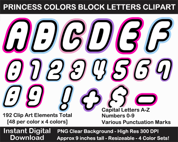 Love these fun block letters clip art in pastel princess colors for birthday decorations, bulletin boards, and scrapbooking!