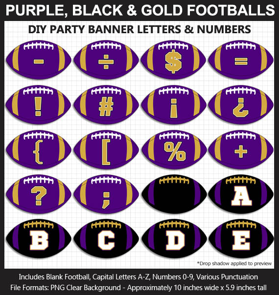 Love these fun Purple, Black, and Gold Football clipart for game day decoration - Letters, Numbers, Punctuation - Go Ravens!