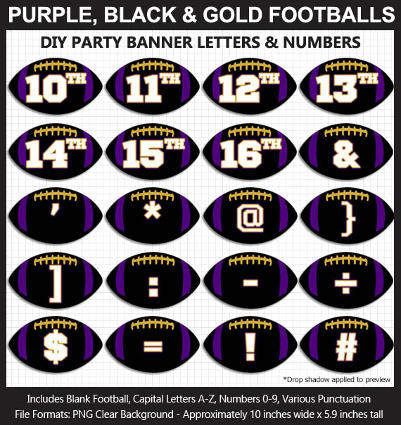 Love these fun Purple, Black, and Gold Football clipart for game day decoration - Letters, Numbers, Punctuation - Go Ravens!