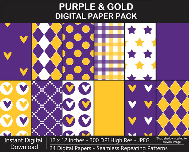 Love these fun purple and gold seamless pattern digital papers!