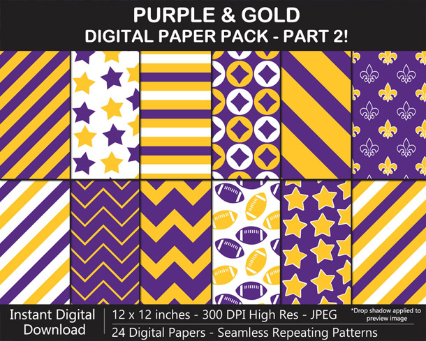 Love these fun purple and gold seamless pattern digital papers!