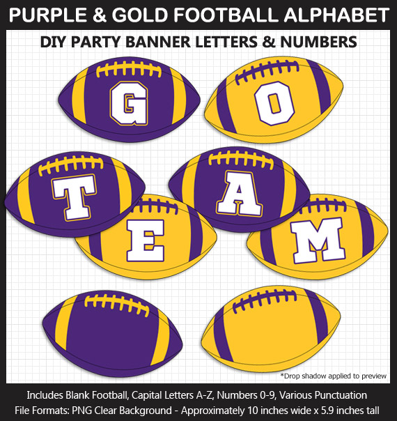 Love these fun Purple and Gold Football clipart for game day decoration - Letters, Numbers, Punctuation - Go Vikings!