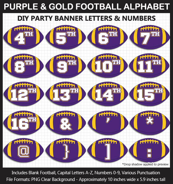 Love these fun Purple and Gold Football clipart for game day decoration - Letters, Numbers, Punctuation - Go Vikings!