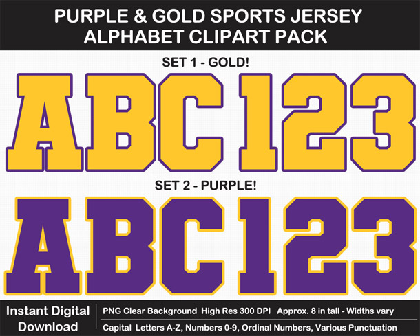Love these fun Purple and Gold Sports Jersey Alphabet Clipart for Sign Making - Letters, Numbers, Punctuation - Go Vikings!