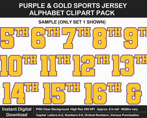 Love these fun Purple and Gold Sports Jersey Alphabet Clipart for Sign Making - Letters, Numbers, Punctuation - Go Vikings!