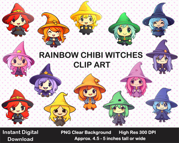 Love these fun Kawaii Chibi-style rainbow witches digital clipart for scrapbooking and crafting!