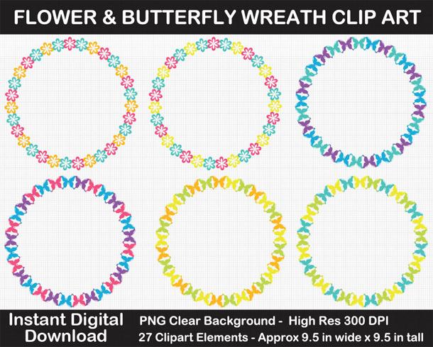 Love these cute rainbow flower and butterfly wreath frames clipart!