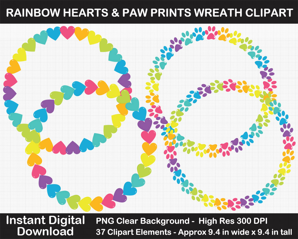 Love these cute rainbow heart and paw wreath frames clipart!