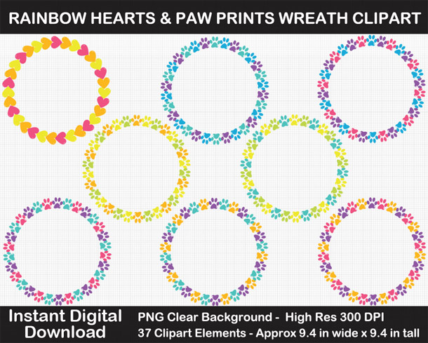 Love these cute rainbow heart and paw wreath frames clipart!
