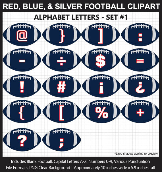 Love these fun Red, Blue, Silver Football clipart for game day decoration - Letters, Numbers, Punctuation - Go Pats!