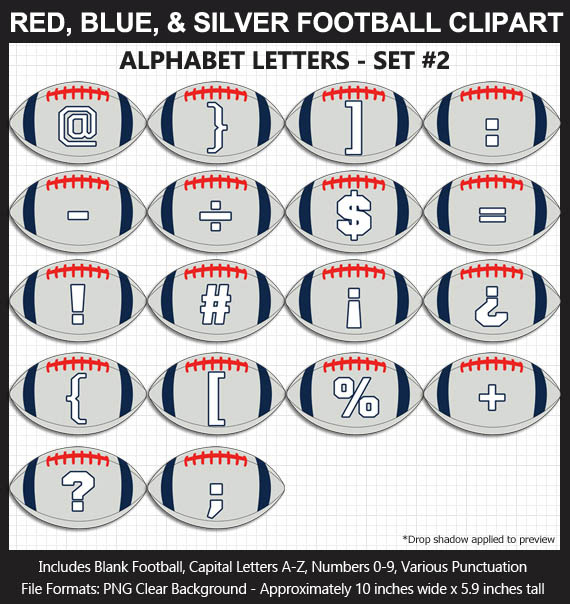 Love these fun Red, Blue, Silver Football clipart for game day decoration - Letters, Numbers, Punctuation - Go Pats!