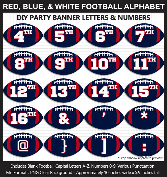 Love these fun Red, Blue, and White Football clipart for game day decoration - Letters, Numbers, Punctuation