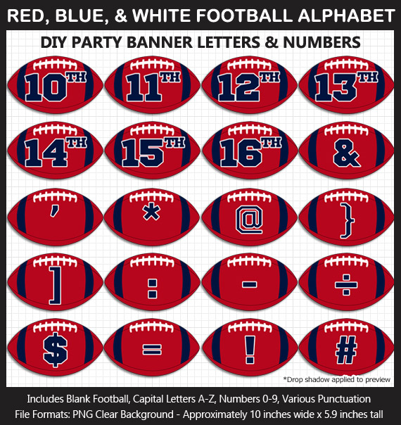 Love these fun Red, Blue, and White Football clipart for game day decoration - Letters, Numbers, Punctuation