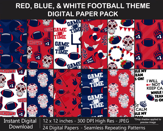Love these red, blue, and white seamless pattern football digital papers!