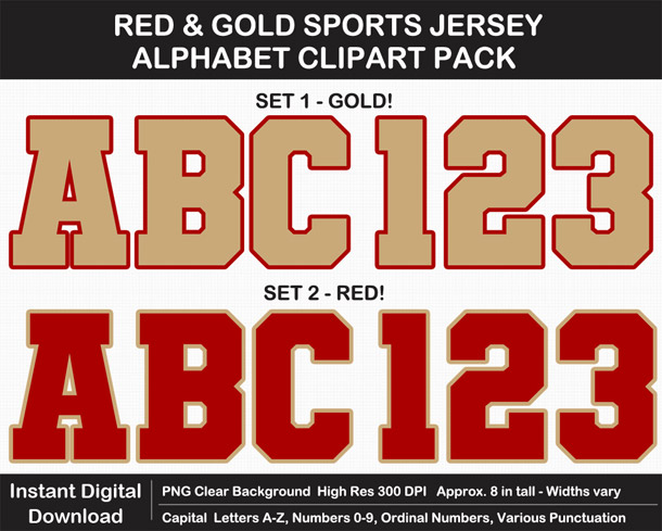 Love these fun Red and Gold Sports Jersey Alphabet Clipart for Sign Making - Letters, Numbers, Punctuation - Go Niners!