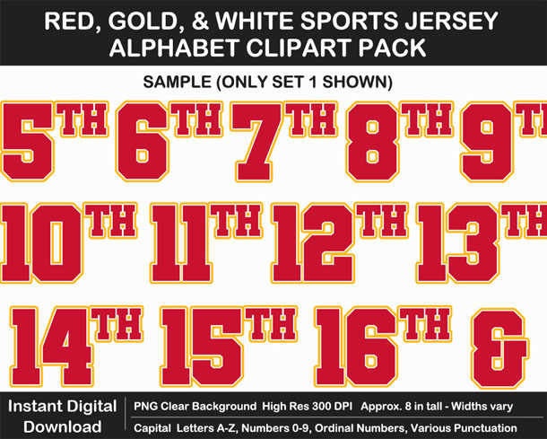 Love these fun Red, Gold, and White Sports Jersey Alphabet Clipart for Sign Making - Letters, Numbers, Punctuation - Go Chiefs!