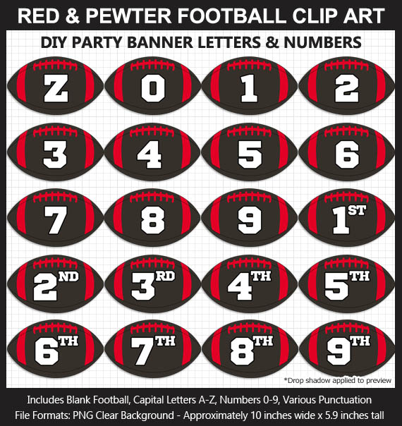 Love these fun Red and Pewter Football clipart for game day decoration - Letters, Numbers, Punctuation - Go Buccaneers!