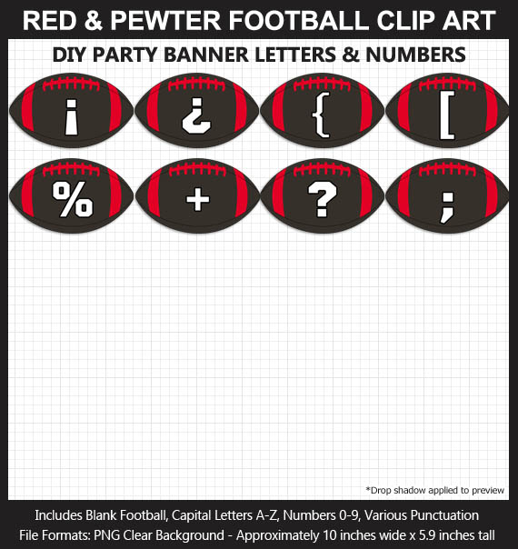 Love these fun Red and Pewter Football clipart for game day decoration - Letters, Numbers, Punctuation - Go Buccaneers!