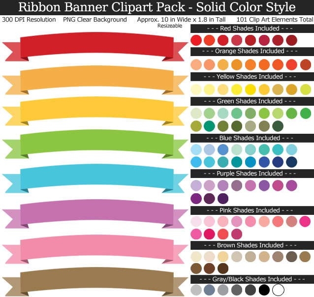 Rainbow Ribbon Banner Clipart Pack - Clear Background PNG - Large 10 inches Wide x 1.8 inches Tall Resizeable - 100 Colors