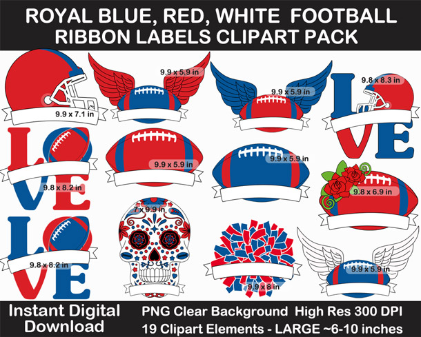 Royal Blue, Red, White Football Ribbon Label Clipart Pack - Go Bills!