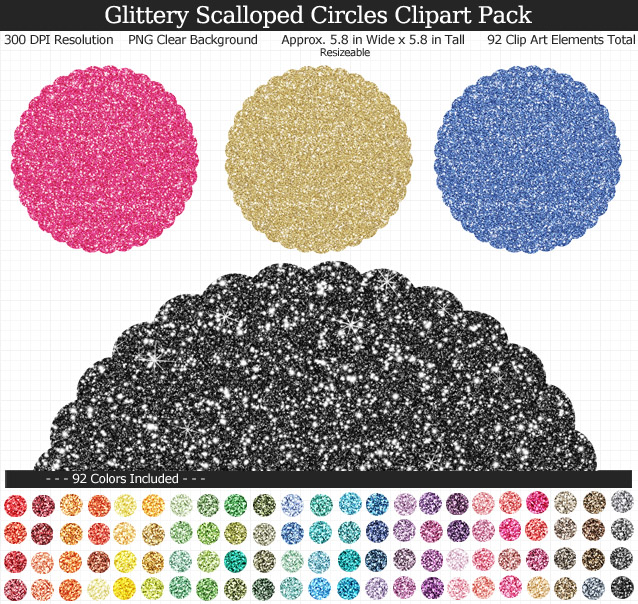 Rainbow Glitter Scalloped Circles Clipart Pack - Clear Background PNG - Large 6 inches Wide x 6 inches Tall Resizeable - 92 Colors