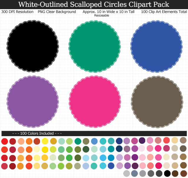 Rainbow Scalloped Circles Clipart Pack - Clear Background PNG - Large 10 inches Wide x 10 inches Tall Resizeable - 100 Colors