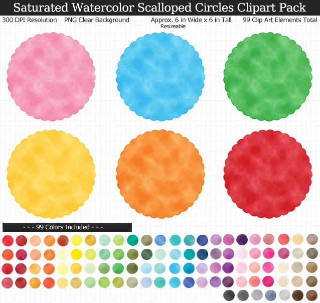 Rainbow Watercolor Scalloped Circles Clipart Pack - Clear Background PNG - Large 6 inches Wide x 6 inches Tall Resizeable - 99 Colors