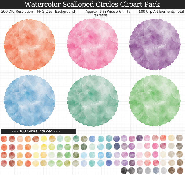 Rainbow Watercolor Scalloped Circles Clipart Pack - Clear Background PNG - Large 6 inches Wide x 6 inches Tall Resizeable - 100 Colors