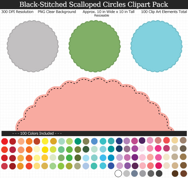 Rainbow Scalloped Circles Clipart Pack - Clear Background PNG - Large 10 inches Wide x 10 inches Tall Resizeable - 100 Colors