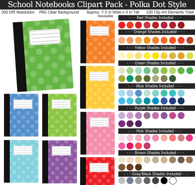 Polka Dot School Notebooks Clipart Pack