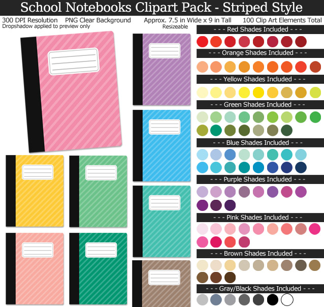 Rainbow School Notebook Clipart Pack - Clear Background PNG - Large 7.5 inches Wide x 9 inches Tall Resizeable - 100 Colors