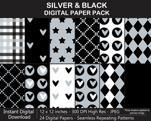 Silver and Black Digital Paper Pack for Raiders Football Fan Crafting!