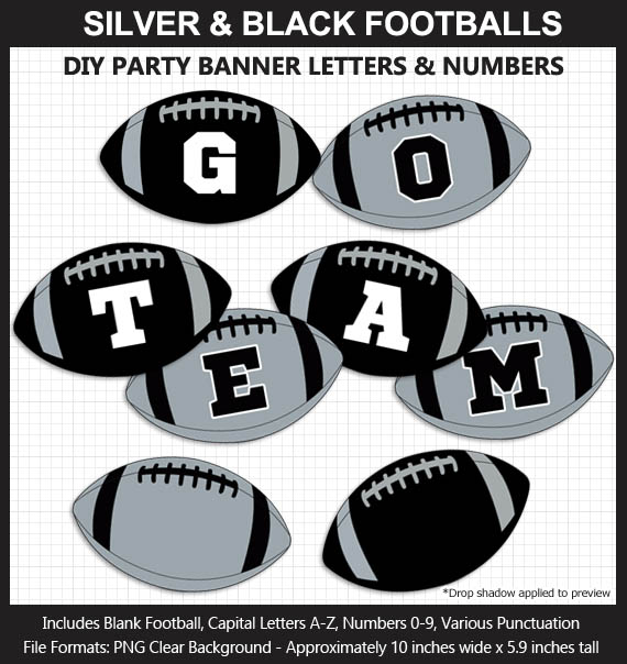 Love these fun Silver and Black Football clipart for game day decoration - Letters, Numbers, Punctuation - Go Raiders!