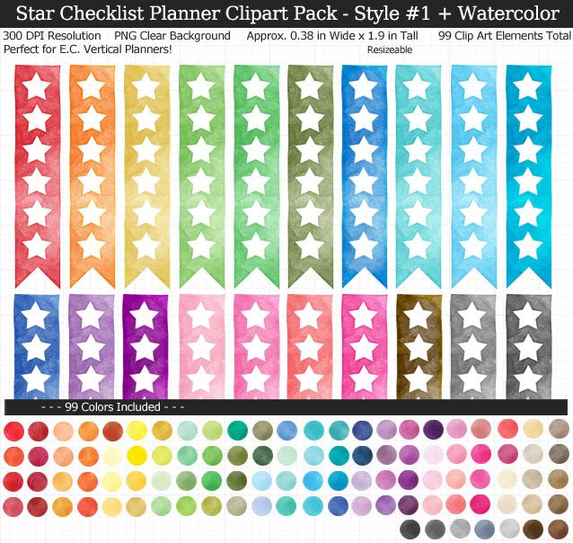 Love these rainbow watercolor star checklist clipart for my Erin Condren vertical planner - 99 colors