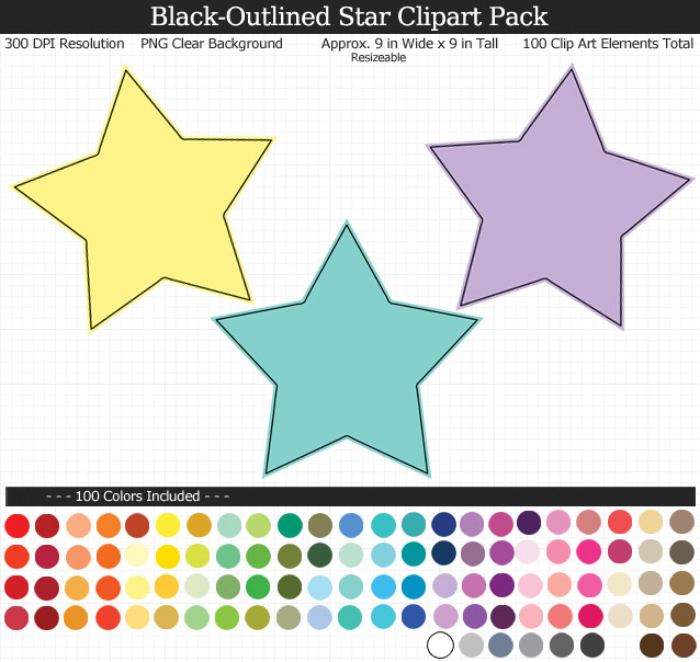 Rainbow Star Clipart Pack - Clear Background PNG - Large 9 inches Wide x 9 inches Tall Resizeable - 100 Colors