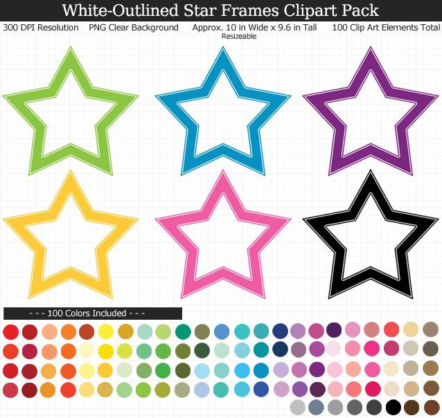 Rainbow Star Frames Clipart Pack - Clear Background PNG - Large 10 inches Wide x 9.6 inches Tall Resizeable - 100 Colors