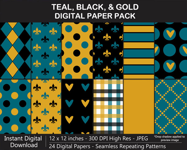 Love these fun teal, black, and gold digital papers!