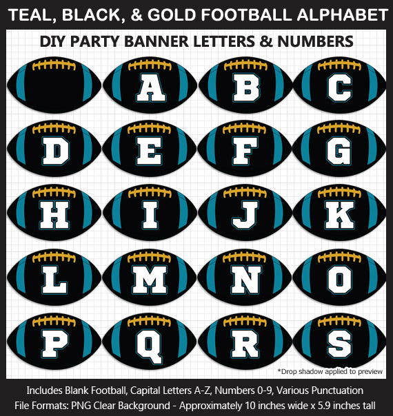 Love these fun Teal, Black, and Gold Football clipart for game day decoration - Letters, Numbers, Punctuation - Go Jaguars!