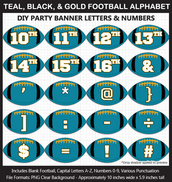 Love these fun Teal, Black, and Gold Football clipart for game day decoration - Letters, Numbers, Punctuation - Go Jaguars!