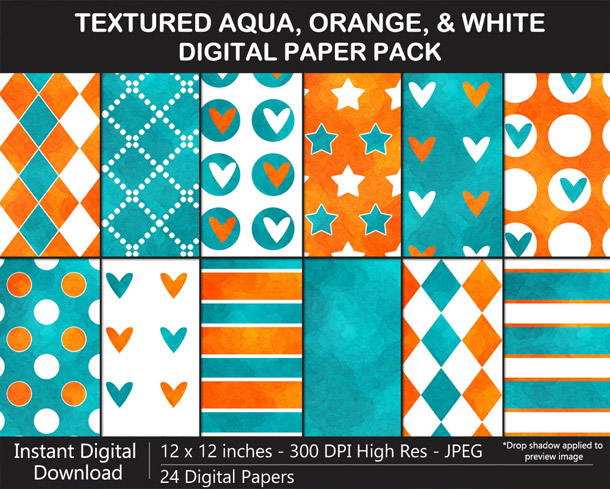Love these fun watercolor texture aqua, orange, and white digital papers!