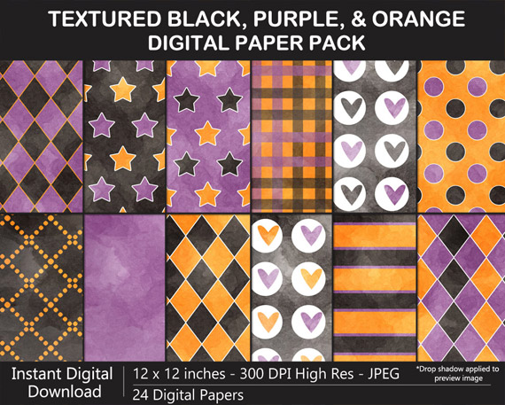 Love these watercolor black, orange, and purple pattern digital papers for Halloween!