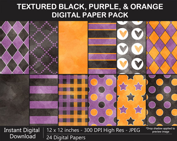 Love these watercolor black, orange, and purple pattern digital papers for Halloween!