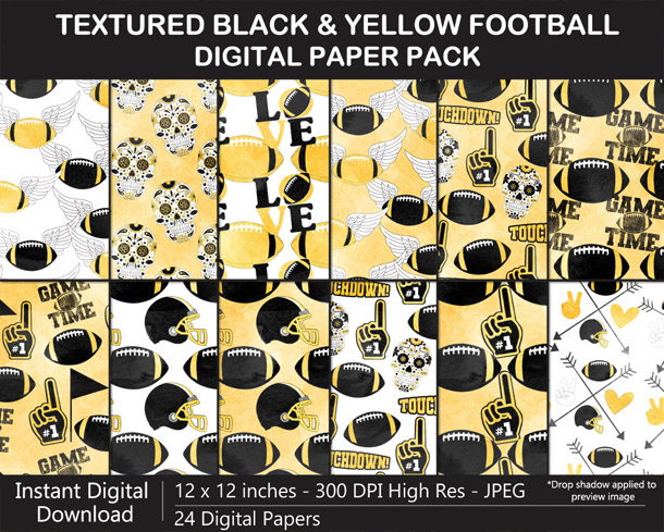 Love these fun watercolor texture black and yellow football digital papers - Go Steelers!