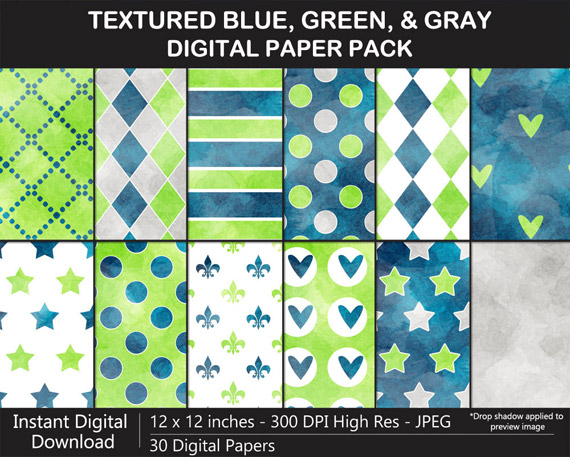 Love these watercolor texture blue, green, and gray pattern digital papers!